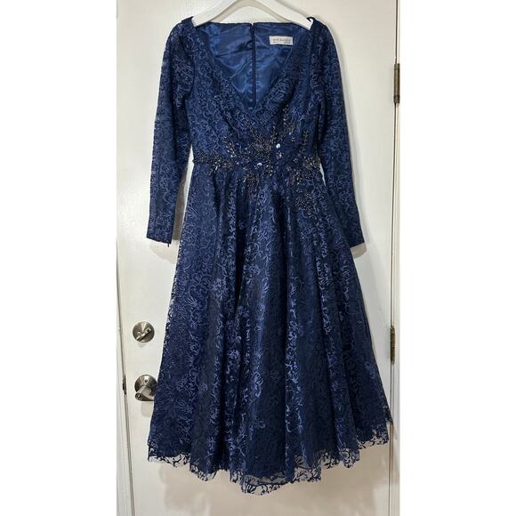Mac Duggal Floral Waist Long Sleeve Dress Navy Size 6 NWT 112181 Elegant MOB - Picture 2 of 16